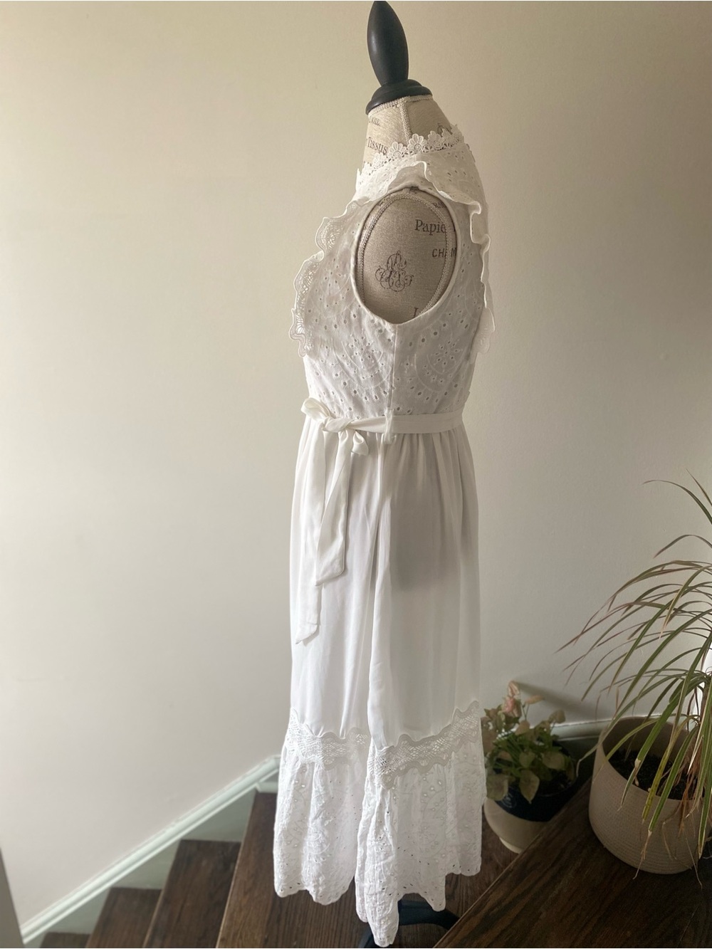 Vintage inspired Cottagecore White Eyelet / Lace Maxi Dress with Ruffle Sleeves - Picture 5 of 7